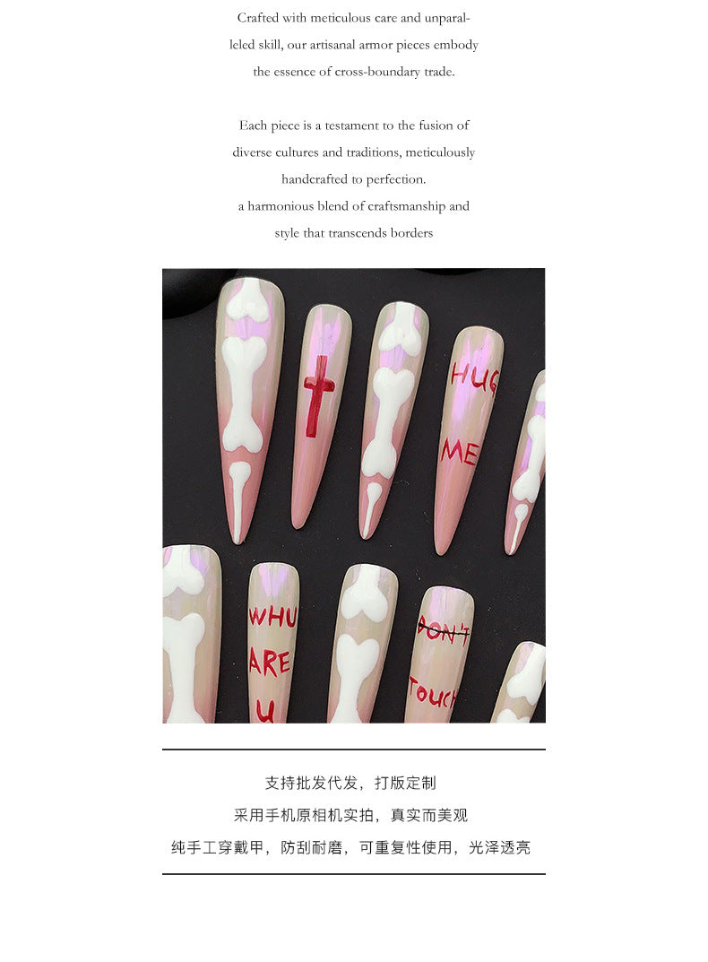 Cute Pink White Cross Text Pattern Handmade Nail Tip Nail Art Nail Shaped Piece