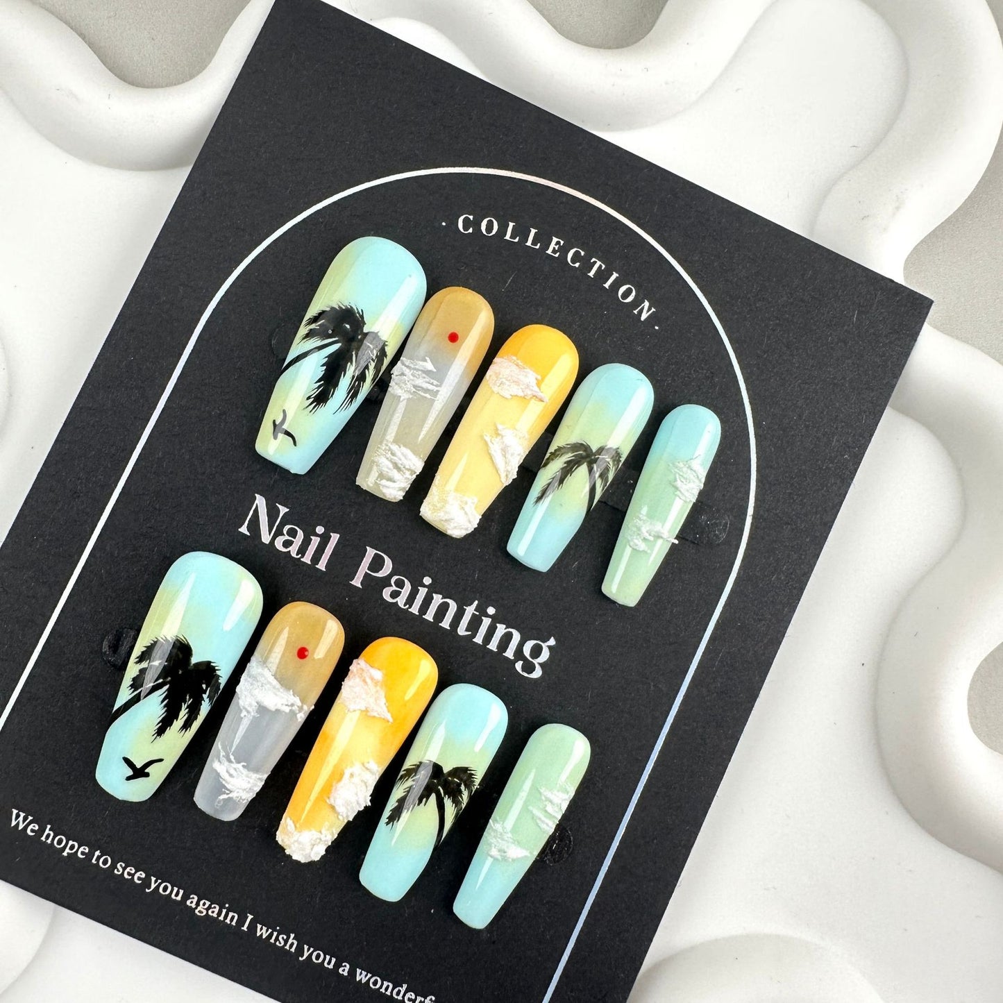 Hand Painted Sunset Coconut Nail Stickers Wear Nail Tip High Sense Summer Europe and America Cross Border Straight Hair Handmade Pure Summer