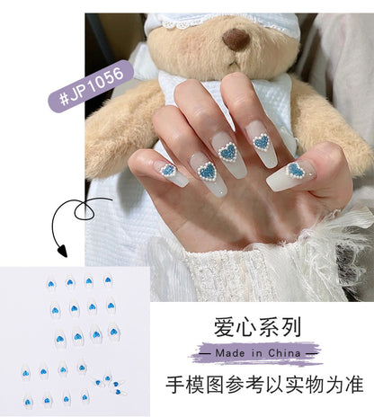 Glitter Blue Heart Full of Pearls Wear Finished Nail Beauty Fake Nails Nail Stickers Nail Patch Removable Nail Tip