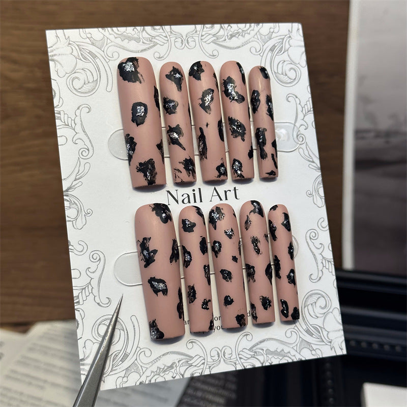 Cross-Border Leopard Print European and American Hot Girl Wind Long Water Pipe Nail Pure Handmade Wear Nail Detachable Fake Nails TK Nail stickers