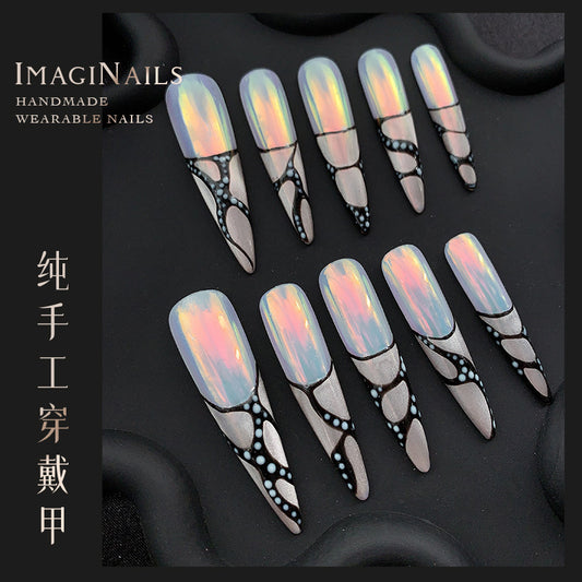 Sexy Mesh Design Pointed Mid-Length Handmade Nail Tip Nail Art New Nail Shaped Piece