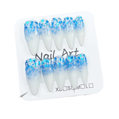 Handmade Wear Nail Two-Tone Gradient South Korea Large Sequins Mid-Length Nail Stickers European and American Style Long Tip Fake Nails