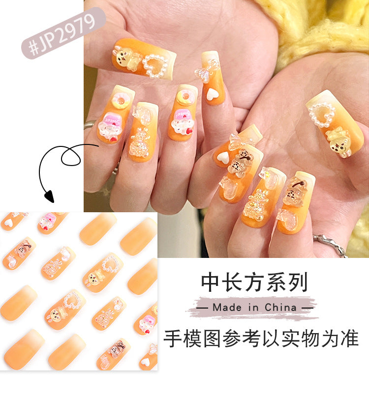 French Gradient Wear Nail Love Heart Bow Tie Nail Art Cartoon Rabbit Bear Donut Warm Color White Nail Tip