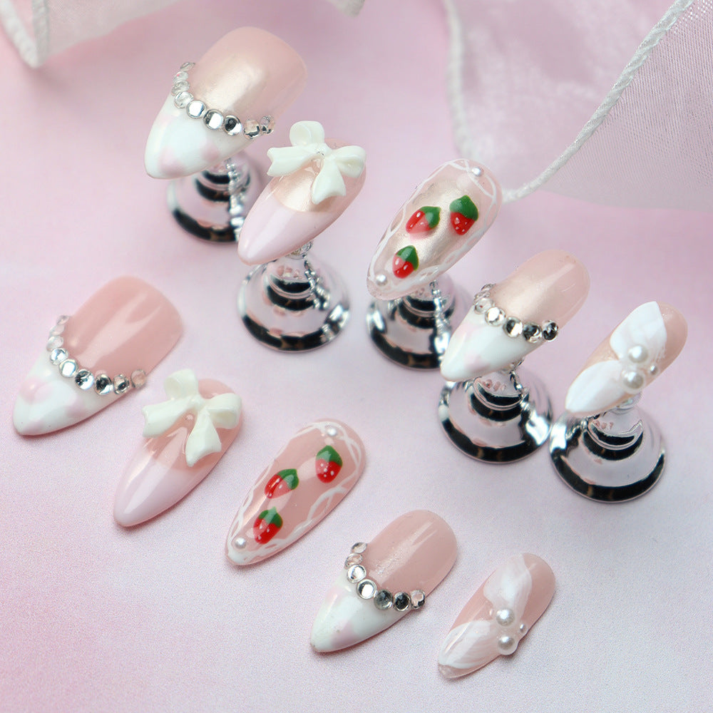 Detachable Wear Nail Tip Strawberry Girl Three-Dimensional Bow French Wear Nail Tip Finished Handmade