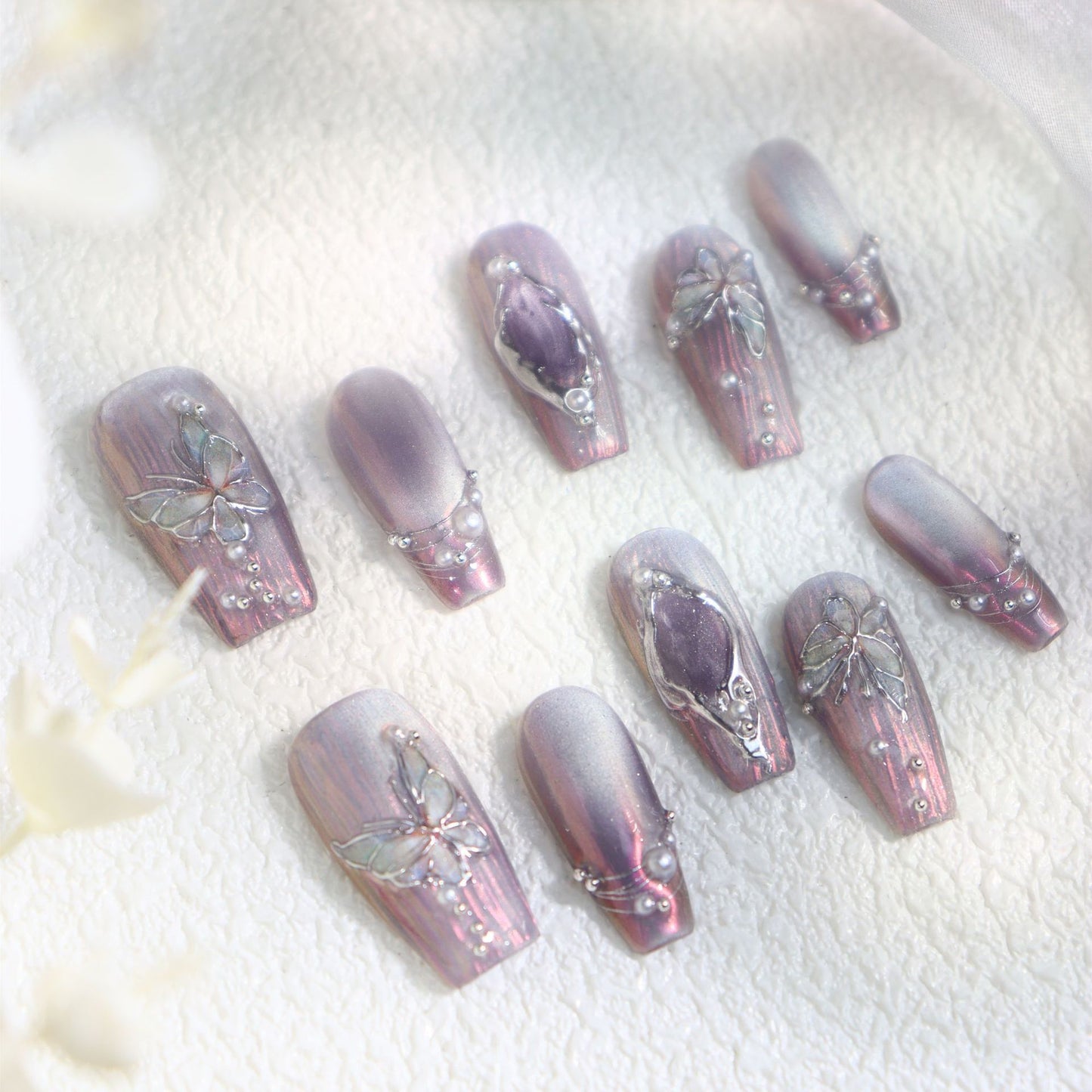 High-Grade Light Purple Metal Magic Mirror Royal Ice Butterfly Hand-Worn Armor Buchelati French Pearl Nail Beauty Patch