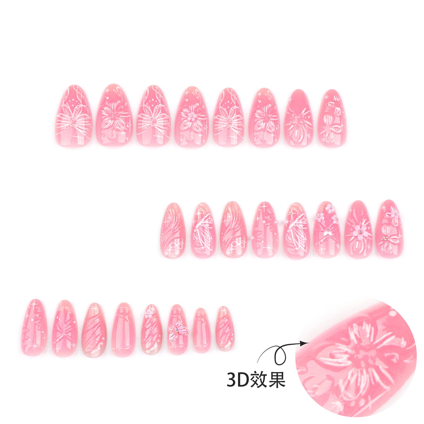 Sweet Pink Bow Flower Wear Nail Piece3D Love Nail Art Almond Type Fake Nails Nail Patch