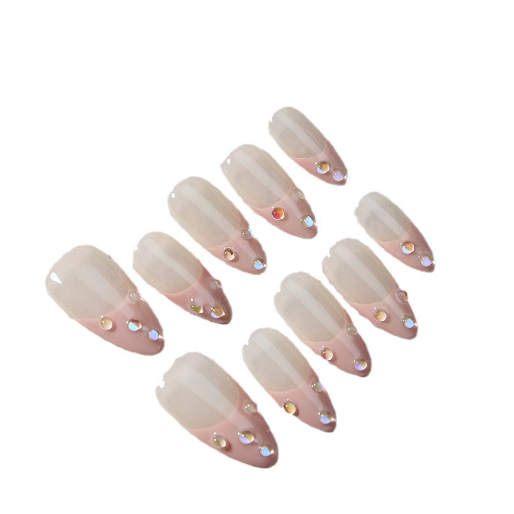 New Sweet Style Bubble French Hand-Wear Nail Almond-Shaped Leather Pink Hand-Wear Nail Natural Style