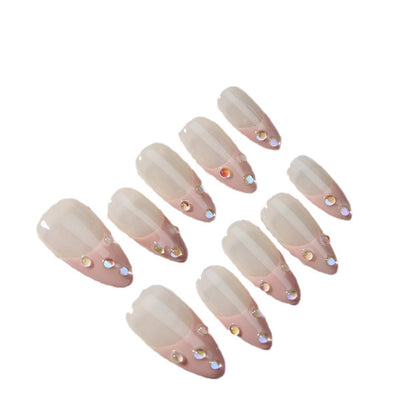 New Sweet Style Bubble French Hand-Wear Nail Almond-Shaped Leather Pink Hand-Wear Nail Natural Style