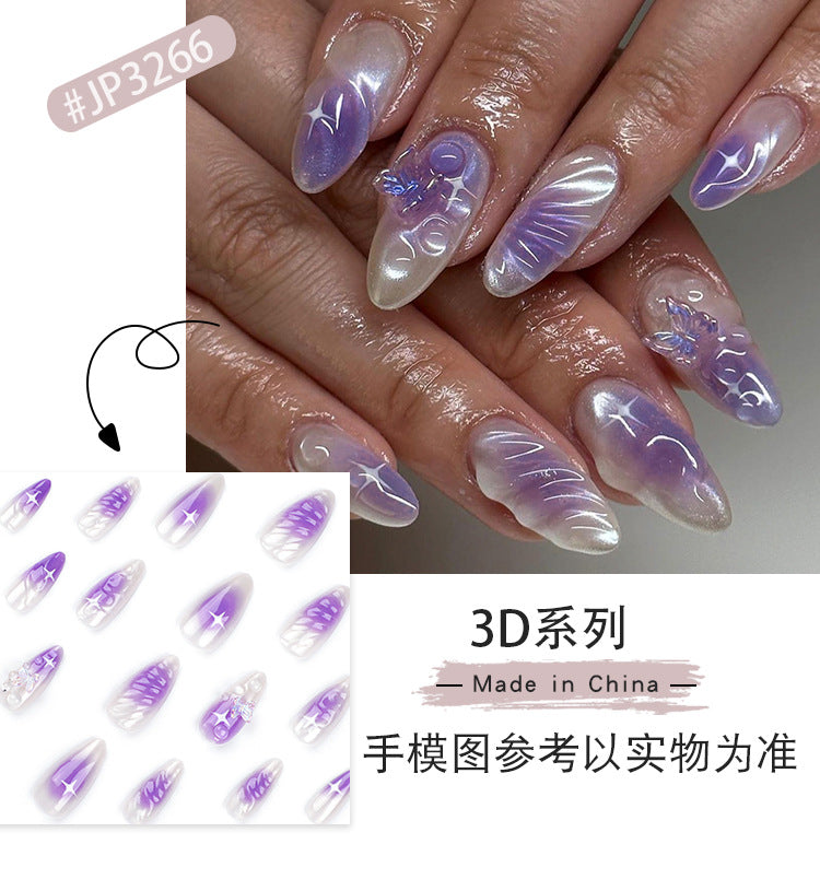 Wear a Nail Piece Wholesale3D Butterfly Purple Blooming Nail Art Fake Nails Cross-Border Hot Selling Nail Patch Wholesale