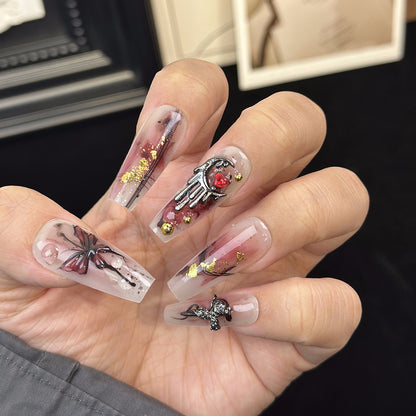 Cross-Border New Arrival Autumn and Winter Handmade Wear Nail Dark Red Hot Girl Three-Dimensional Butterfly Personality Finished Product Removable Nail Sticker