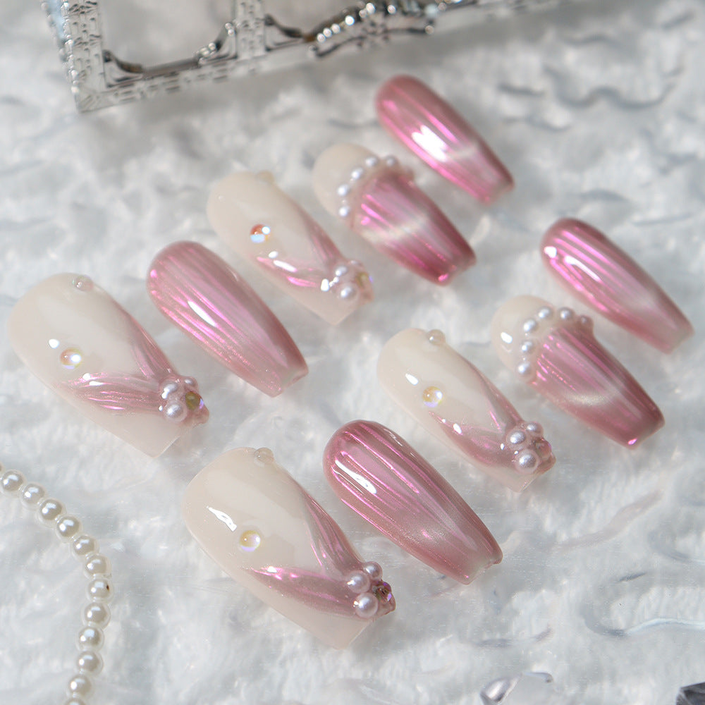 New Hot Mermaid Mermaid Pink Handmade Wear Armor Mid-Length Ladder French Mermaid Miss Fake Nail Tip