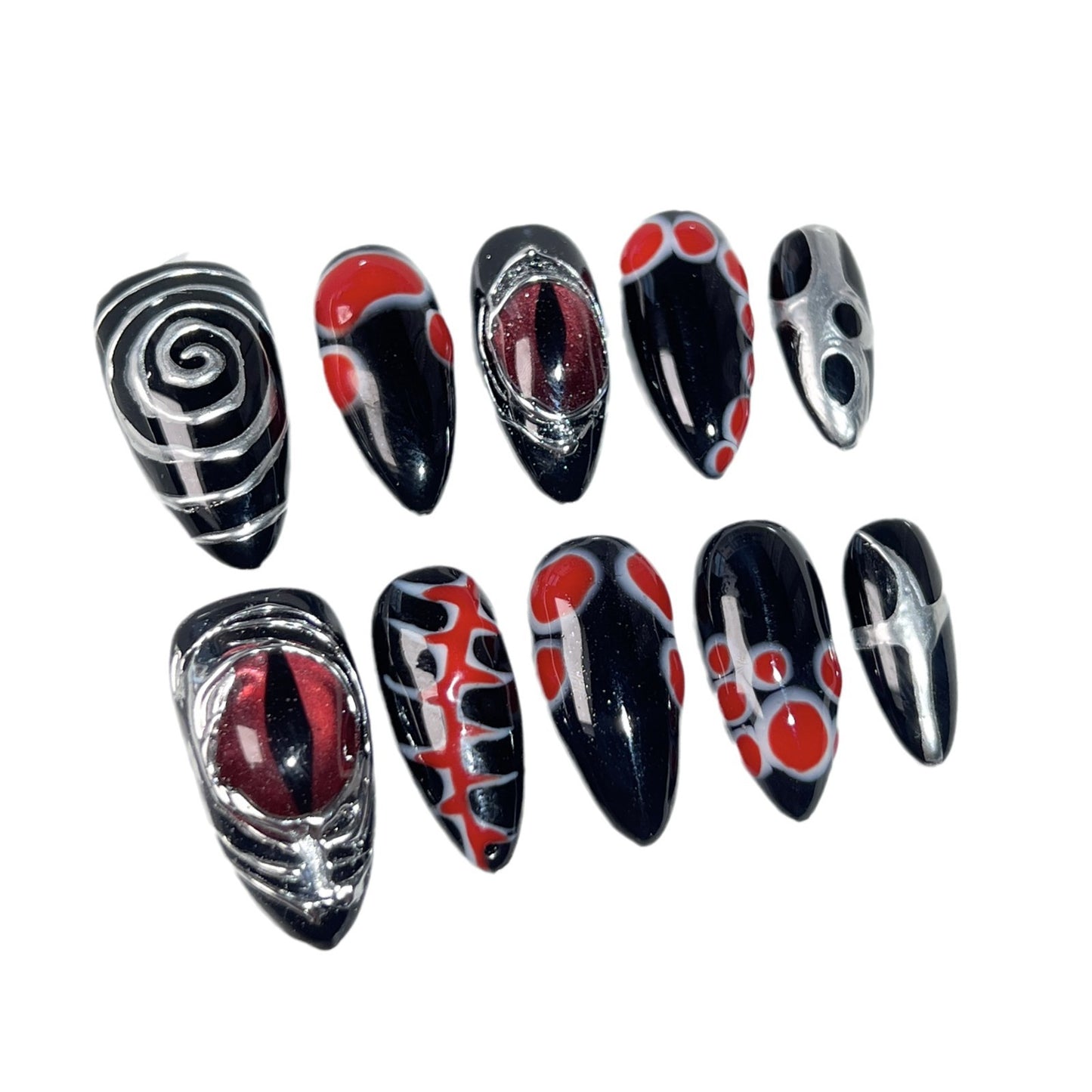 【Dyed Nail】Handmade Wear Nail Blood Spirit Pupil Dark Personality Creative Cool Style European and American Almond Nail Wholesale