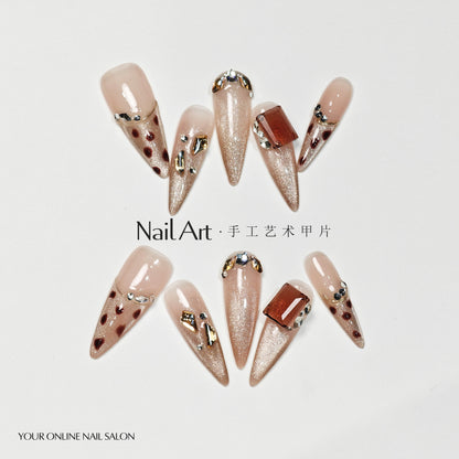 Handmade Manicure Wear Cat Eye French Leopard Print Long Nail Patch Advanced White Gold Foil Fake Nails Wholesale