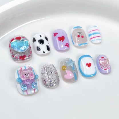 Handmade Wear Nail Cartoon Three-Dimensional Love Bear Nail Stickers Cute Sweet Hand-Painted Short Wear Fake Nails