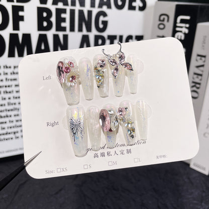 Handmade Wear Nail Light Luxury Heavy Industry Flash Pile Rhinestone Long Nail Stickers Butterfly Chain Wearable Nail Sticker