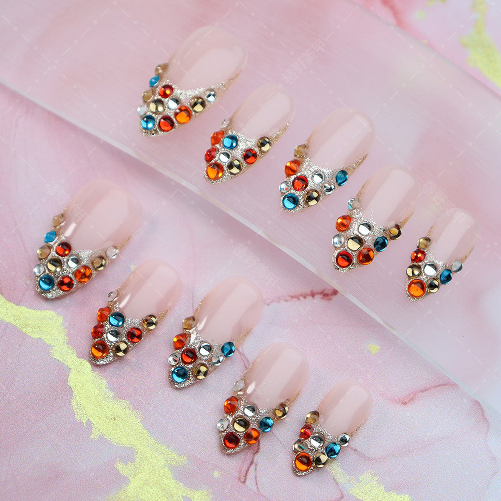 New Wear Armor Colorful Colorful Crystals Retro Style Plaid Driving to Cross-Border Supply Hand-Painted Fake Nail Stickers Can Be Wholesale