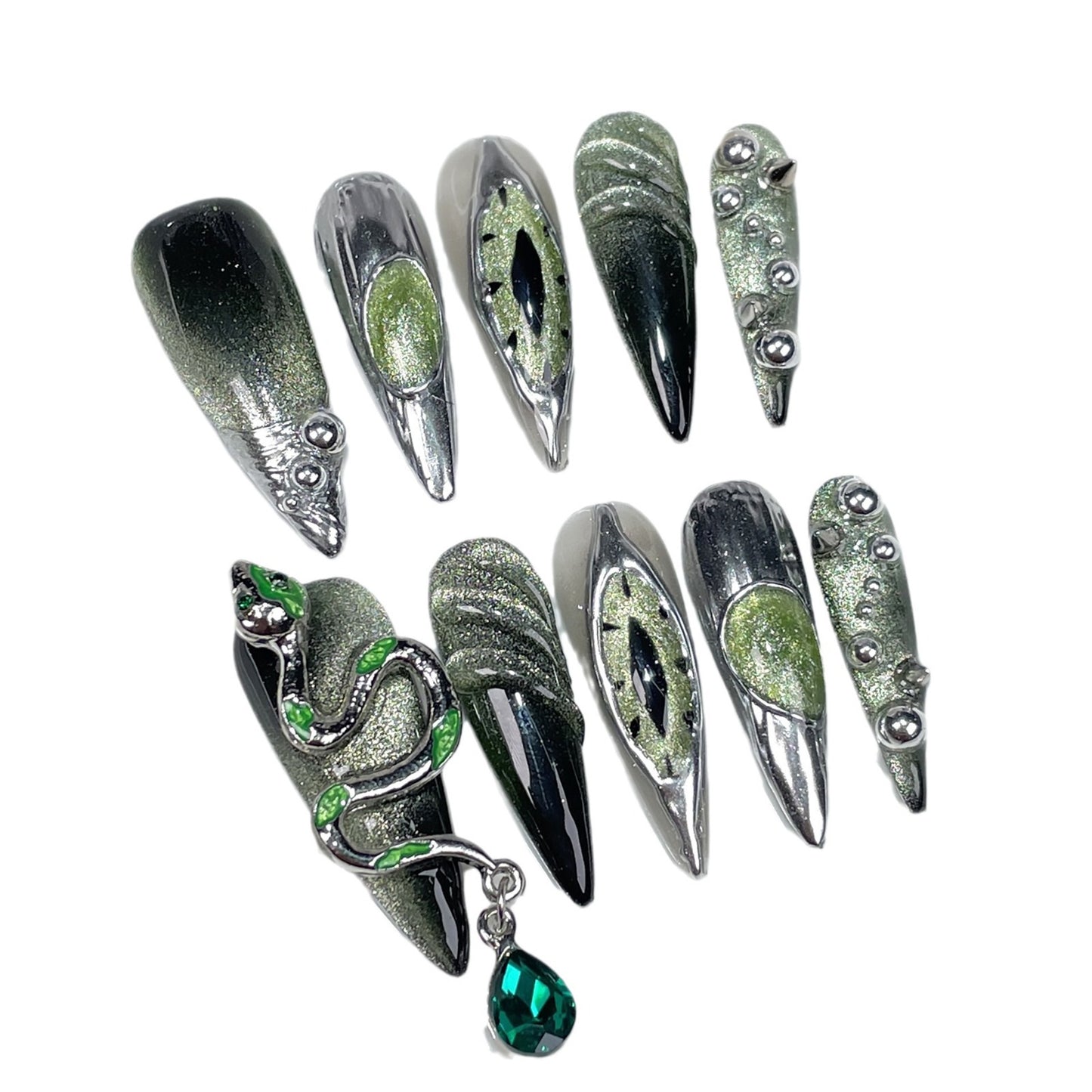 European and American Long Pointed Dark Series Slytherin Snake Academy Manicure Punk Metallic Devil's Eye Hand-Worn Nail