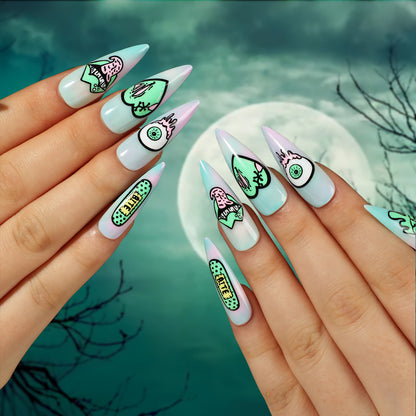 Wear Nail Finished Product Halloween Manicure Starry Sky Blooming Green Heart Eyeballs Lips Nail Sticker Removable