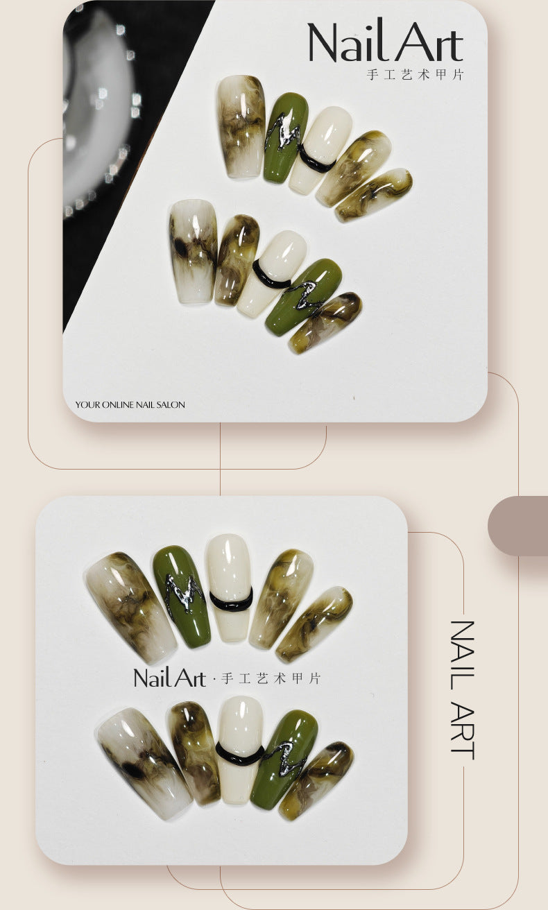 Handmade Wear Armor High-Grade Smudges Dark Green Boutique White Short Nail Stickers Handmade Fake Nails Wholesale