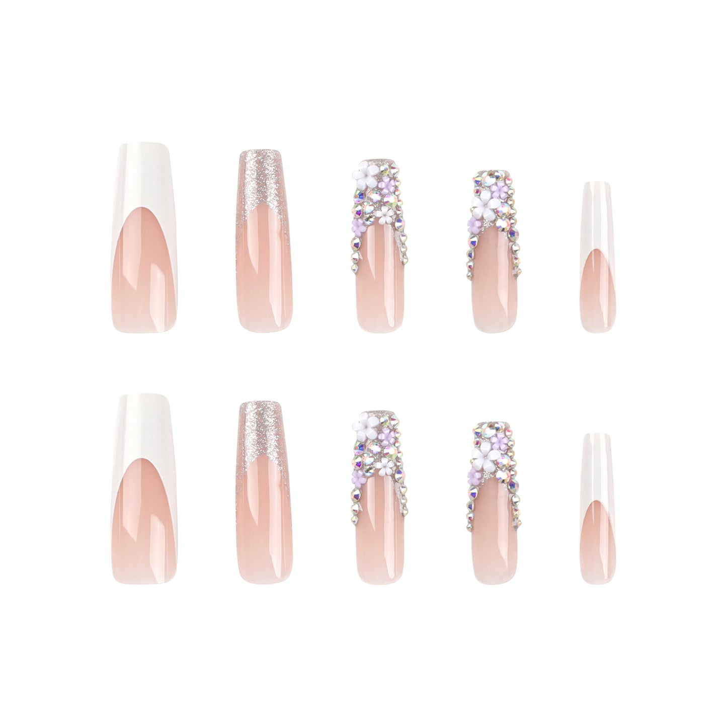 French Style White Edge New European and American Wear Nail Flower Colorful Crystals Super Long Manicure Fake Nails Nail Tip Finished Product Wholesale