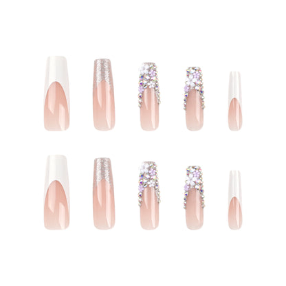 French Style White Edge New European and American Wear Nail Flower Colorful Crystals Super Long Manicure Fake Nails Nail Tip Finished Product Wholesale