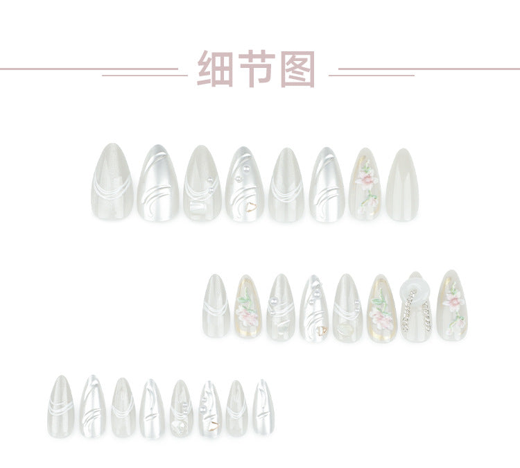 Summer fresh ins Wear Armor3D Magic Mirror Effect Powder Nail Art Short Almond Flower Fake Nails Repeatable Nail Tip