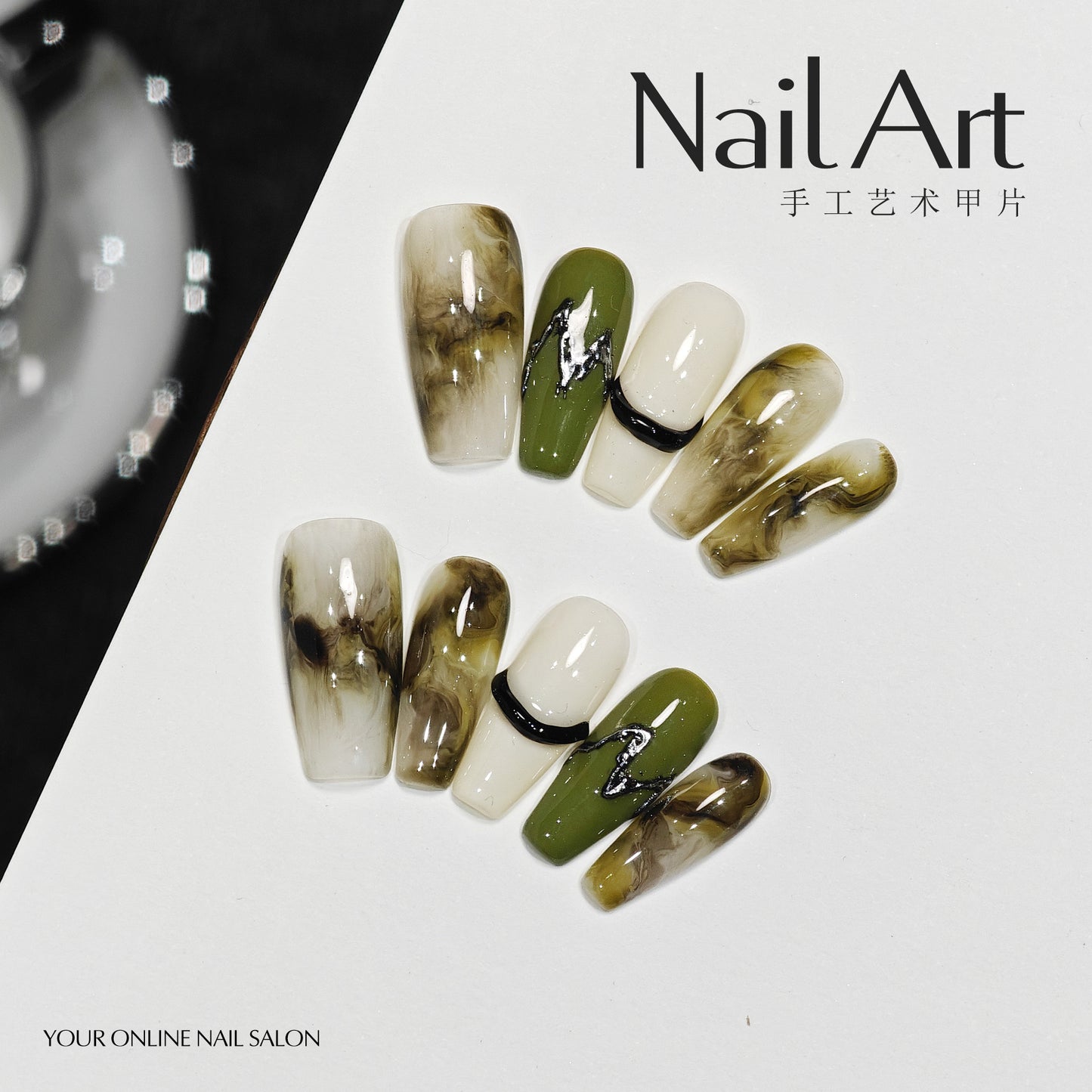 Handmade Wear Armor High-Grade Smudges Dark Green Boutique White Short Nail Stickers Handmade Fake Nails Wholesale