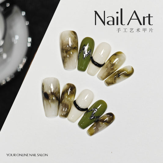 Handmade Wear Armor High-Grade Smudges Dark Green Boutique White Short Nail Stickers Handmade Fake Nails Wholesale