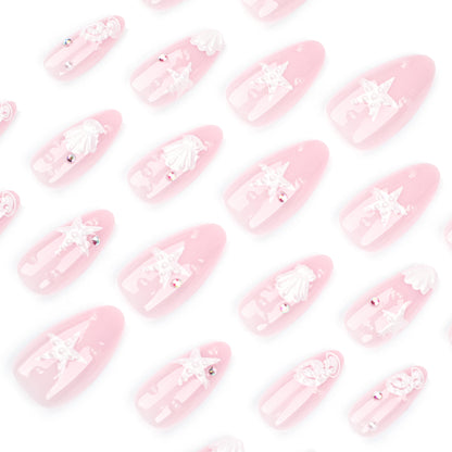 Sweet Pink Bubble Wear Nail Piece Shell Starfish Manicure Fake Nails Almond Type Spot Drill Fake Nails Wholesale