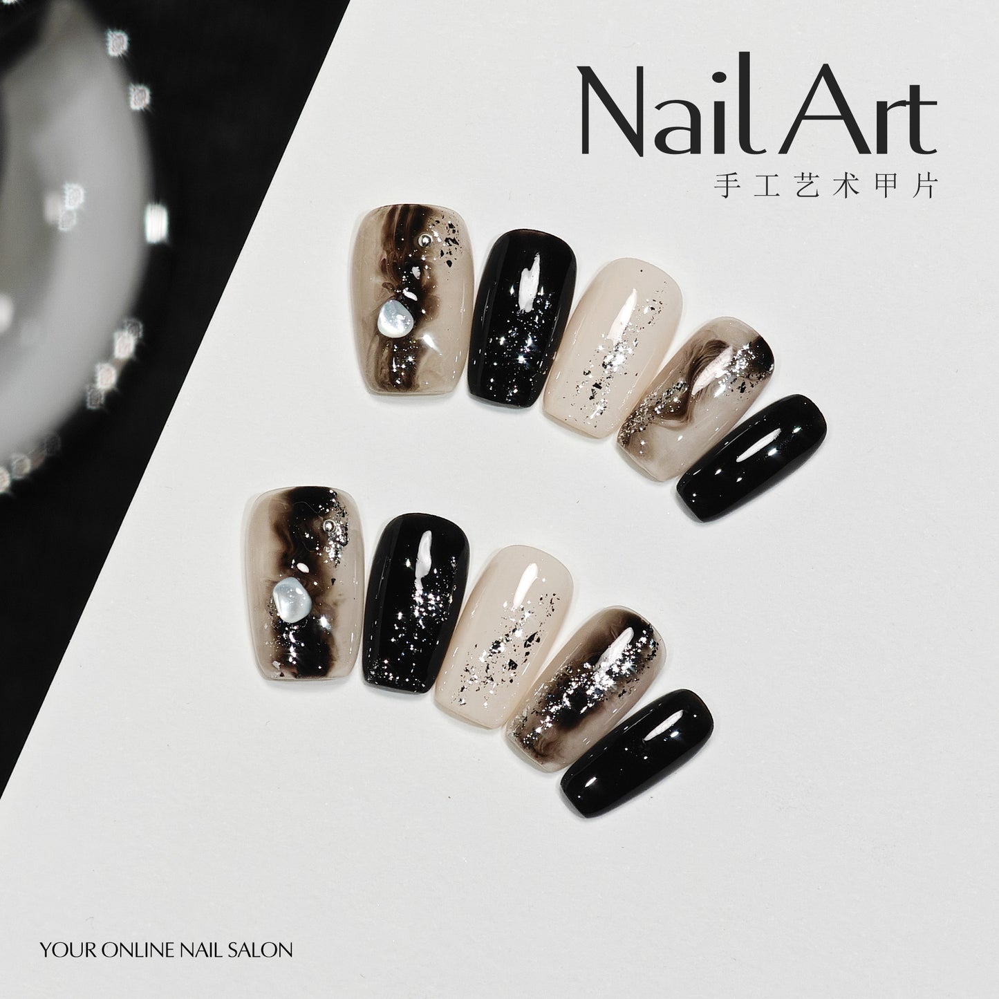 Handmade Wear Nail Hand Painted Black Blooming Watercolor Advanced Texture Short Nail Stickers Fake Nail Tip Wholesale