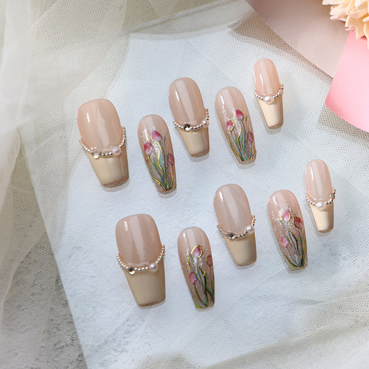 Fragrance Court Flower Sea Elegant French Tulip Simple Handmade Wear a Japanese and Korean UV Nail Beauty Fake Nail Tip Hot Sale