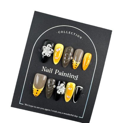 Handmade Pinch Petals Style Almond Nail Hand Painted Wear Nail Tip High Sense Summer Nail Stickers Cross-Border