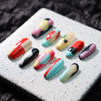 New Nail Beauty Patch European and American Advanced Handmade Hand-Painted Personality Y2K Hot Girl Dopamine Contrast Color Geometric Figure