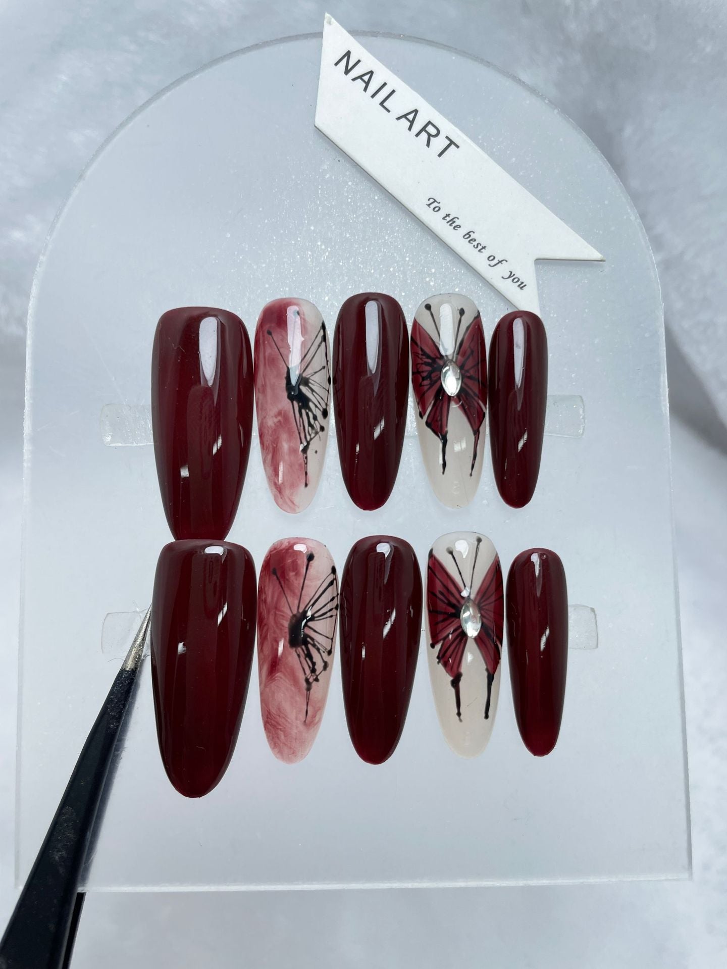 Handmade Wear Nail Autumn and Winter High Class Elegant White Cherry Jump Color Blooming Hand Painted Butterfly Long Manicure