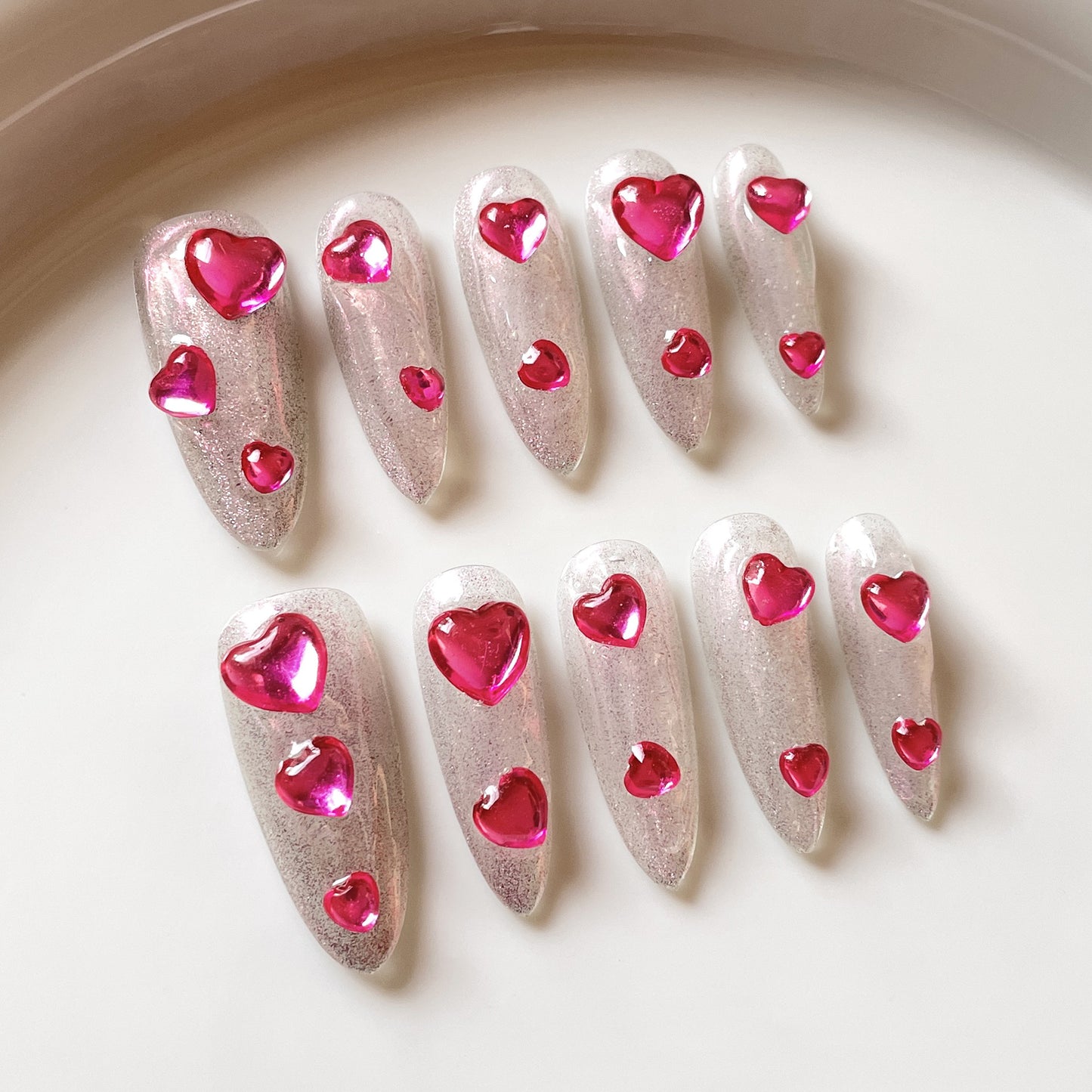 【Dyed Nail】Heart-to-Heart Seal European and American Barbie Pink Aurora Peach Heart Hand-Worn Nail Long Ice-Transparent Cat Eye Manicure