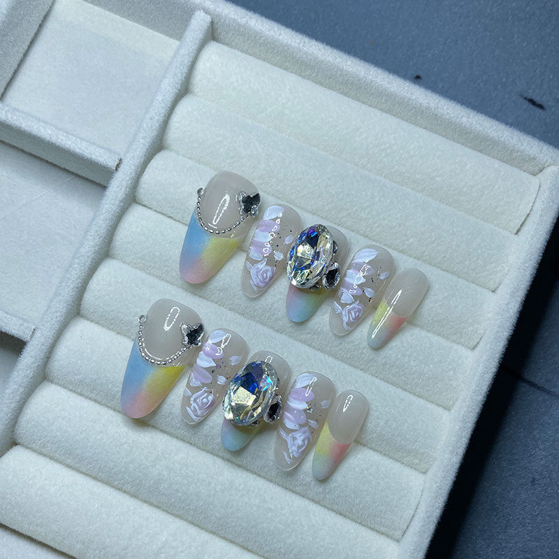 【Rainbow Dreamland】High-End Affordable Luxury Manicure Medium Oval French Hand-Wear Armor Popular Pure Desire Dopamine Style