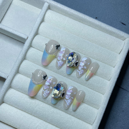 【Rainbow Dreamland】High-End Affordable Luxury Manicure Medium Oval French Hand-Wear Armor Popular Pure Desire Dopamine Style