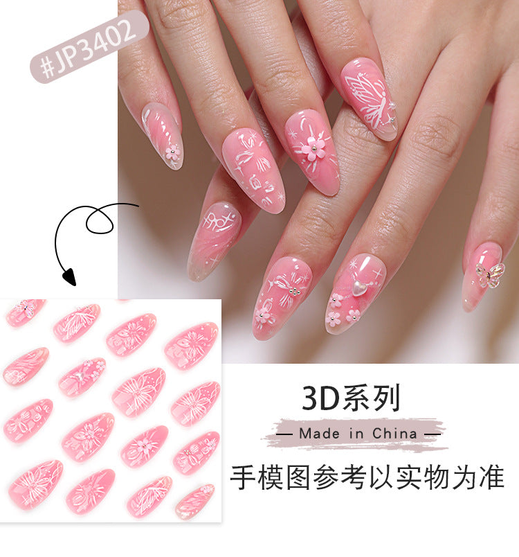 Sweet Pink Bow Flower Wear Nail Piece3D Love Nail Art Almond Type Fake Nails Nail Patch