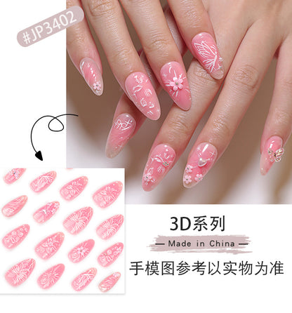 Sweet Pink Bow Flower Wear Nail Piece3D Love Nail Art Almond Type Fake Nails Nail Patch