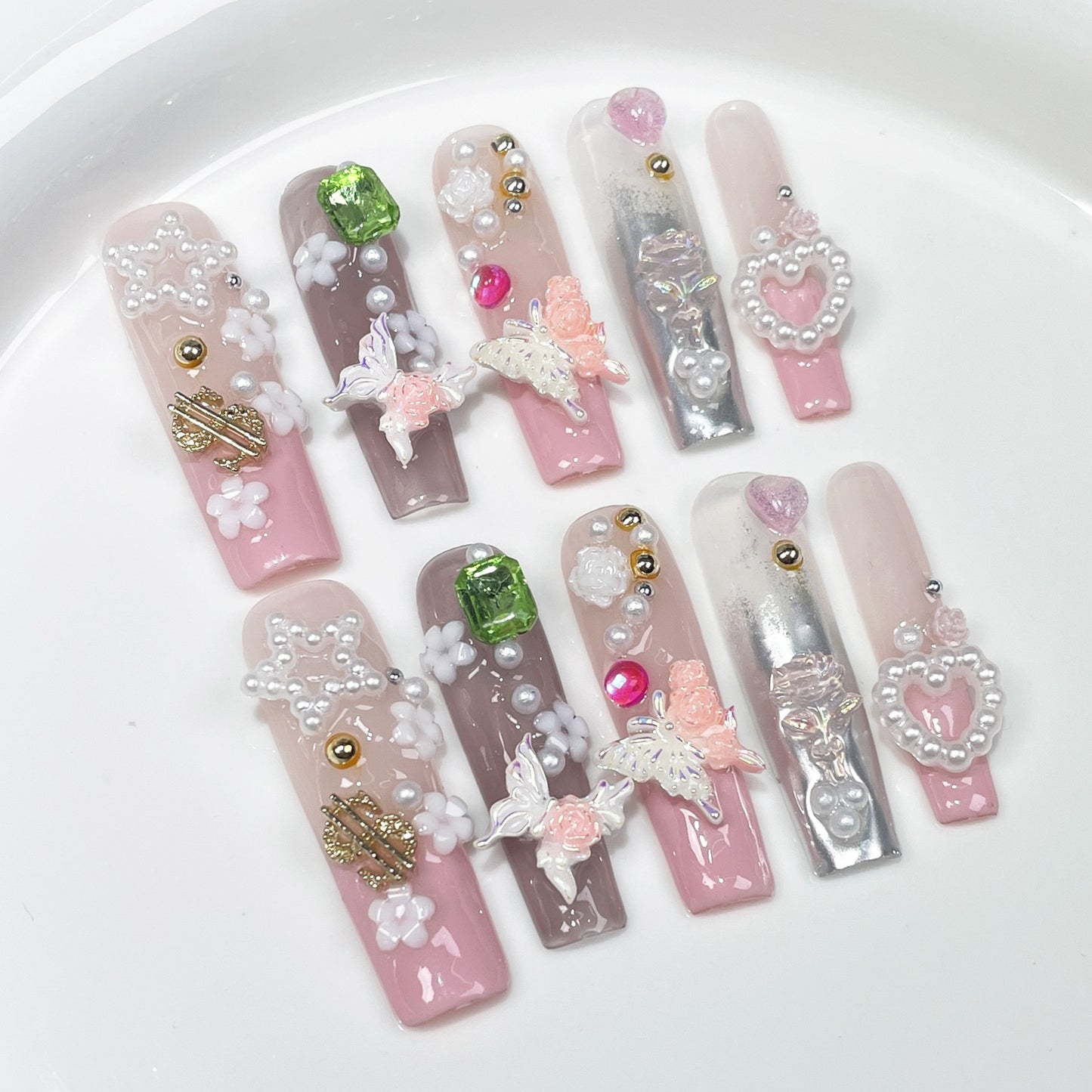 European and American Long Water Pipe Manicure Sweet French Two-Color Butterfly Hand-Worn Nail Cross-Border Wearable Fake Nails Wholesale