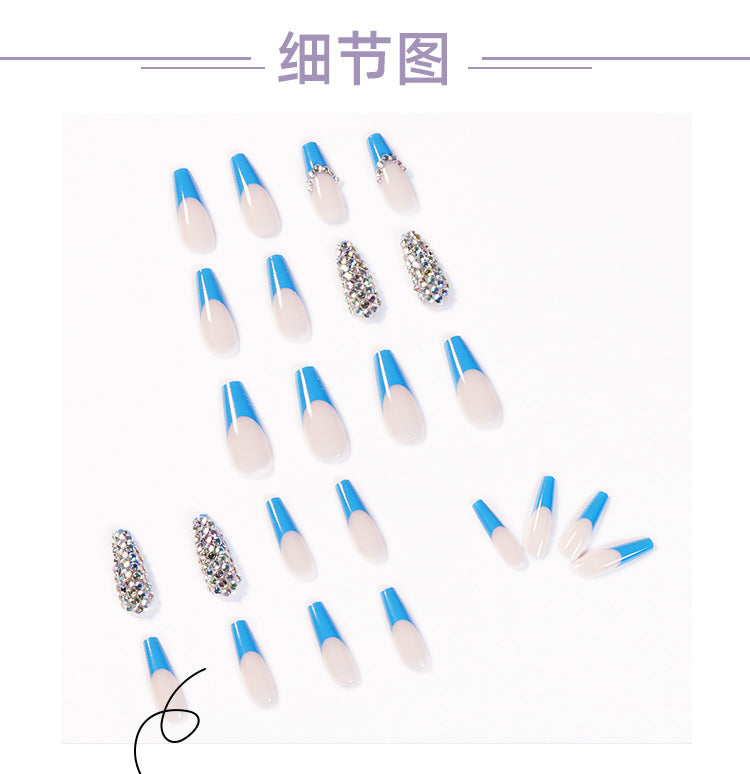 Blue French Full Diamond presson nail Wear Finished Nail Beauty Fake Nails Detachable Nail Stickers Exclusive for Cross-Border