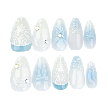 3D Blue Blooming Wear Nail Manicure Bow Fake Nails Lemon French Nail Tip Removable Nail Patch