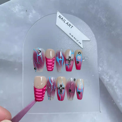 Handmade Wear a Foreign Trade Europe and America ins Dopamine Color Hand-Painted Hot Girl Pink Advanced White Long Manicure