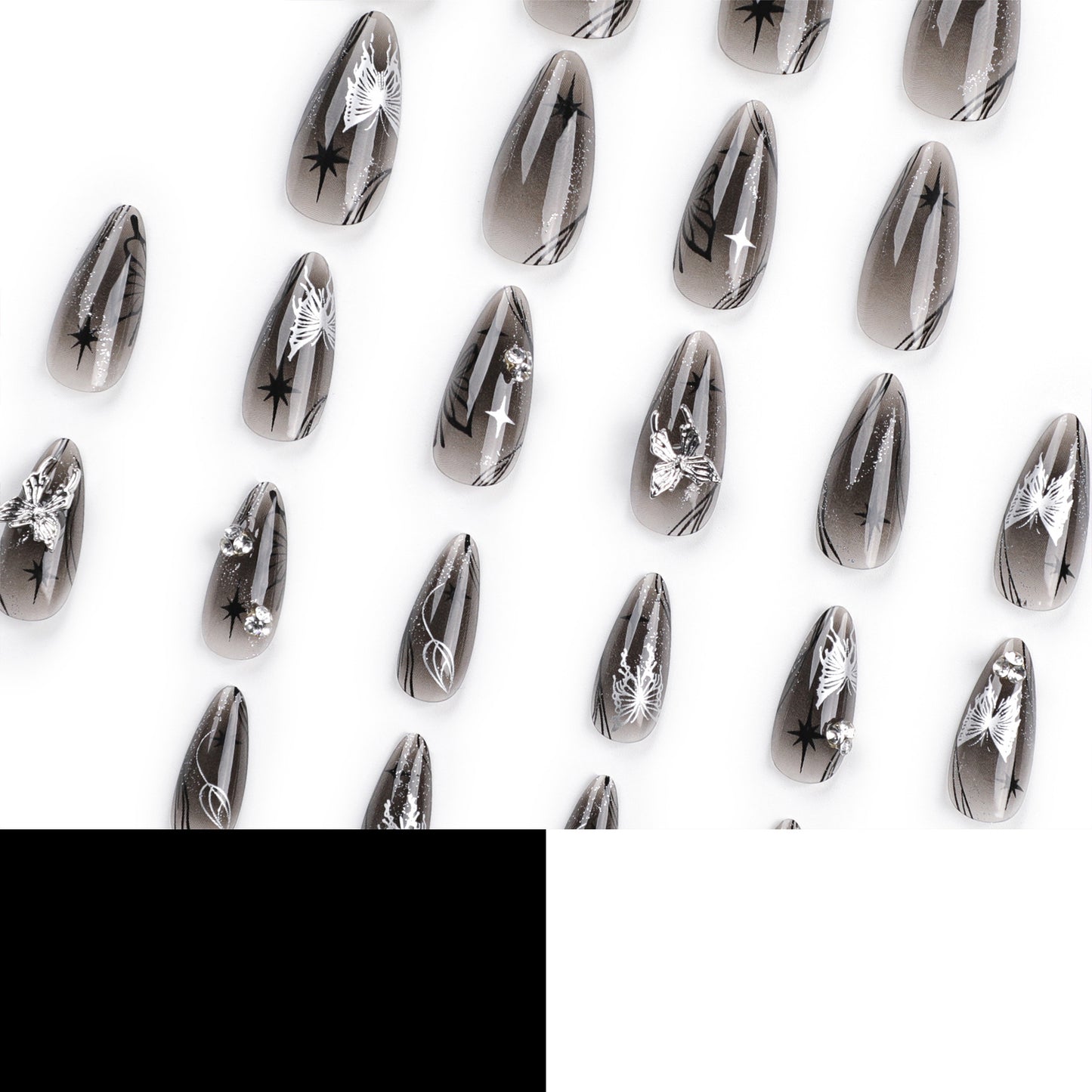 Ice Reflected with Silver Bow Wear Nail Black Cool Spicy Asterism Rhinestone Nail Beauty Long Almond Nail Fake Nails Nail Tip