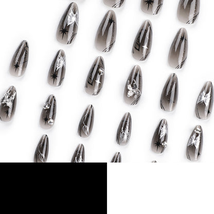 Ice Reflected with Silver Bow Wear Nail Black Cool Spicy Asterism Rhinestone Nail Beauty Long Almond Nail Fake Nails Nail Tip