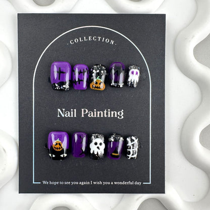 Purple Halloween Cute Ghost Wear Nail Tip High Sense Nail Stickers Cross-Border Factory Straight Hair Short Nail