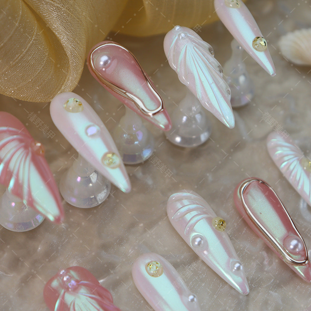 Long Pointed Nail Stickers European and American Sweet Cool Hot Girl Style Shell Patch Handmade Aurora Epoxy Wear Nail Detachable Nail