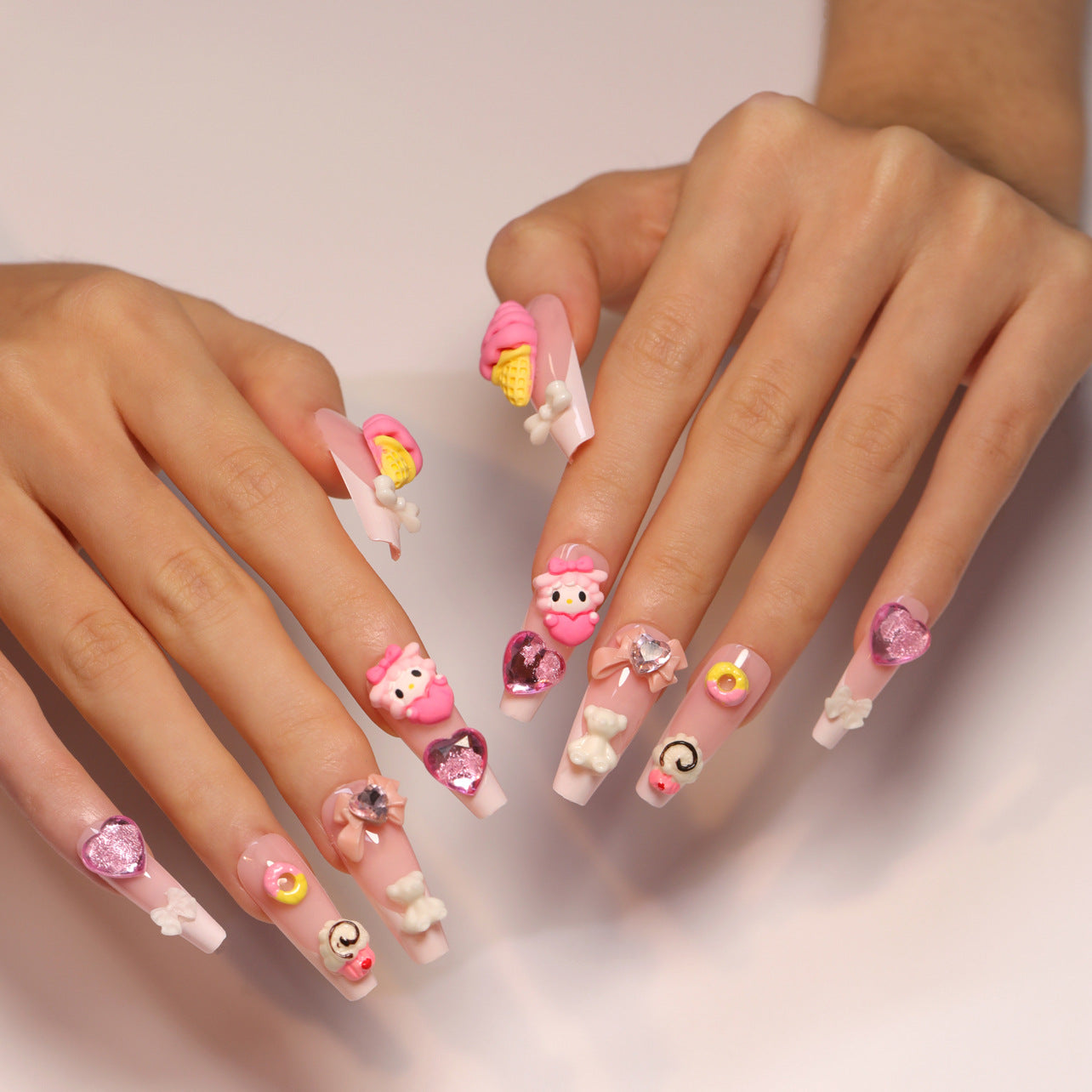 Sweet Cartoon Pink Nail Art Cone Ice Cream Wear Nail Three-Dimensional Bow Nail Tip Love Heart Rhinestone Fake Nails