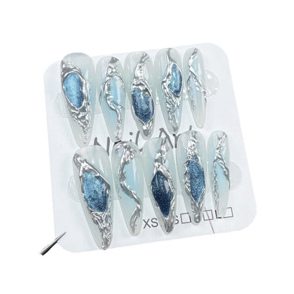 European and American Hot Girl Hand-Wear Armor Ocean Blue Cat Eye Metal Liquid Mid-Length Nail Stickers Long Tip Fake Nails