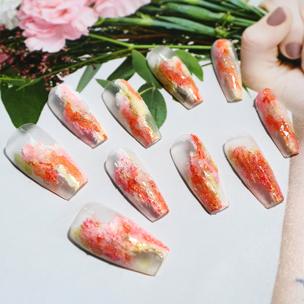 Peach Iced Tea Three-Dimensional Plaster Painted Wear Nail Sweet Thin and Glittering Spring New Handmade Wear Nail Patch